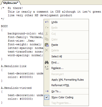 Figure: Comment text not green, even while 'Show Color Coding' is checked