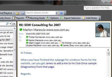 Figure 1: Outlook 2007 now shows the image of the sender